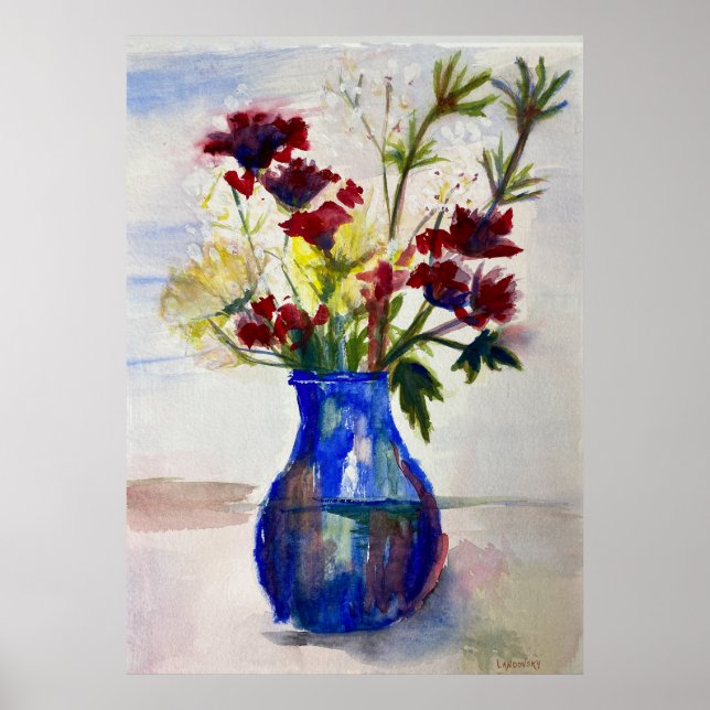Blume in Blue Vase Wasserfarben Kunst drucken Poster (Vorne)