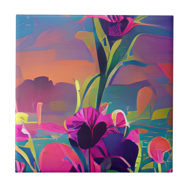 Blume in einem Feld bunt abstrakte Digitalkunst Fliese (Vorderseite)