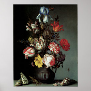 Blume in einer Vase mit Muscheln und Insekten Poster