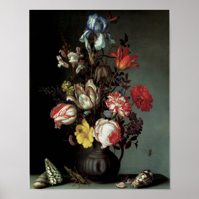 Blume in einer Vase mit Muscheln und Insekten Poster (Vorne)