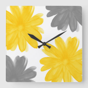 Blume in Gelb und Grau Quadratische Wanduhr