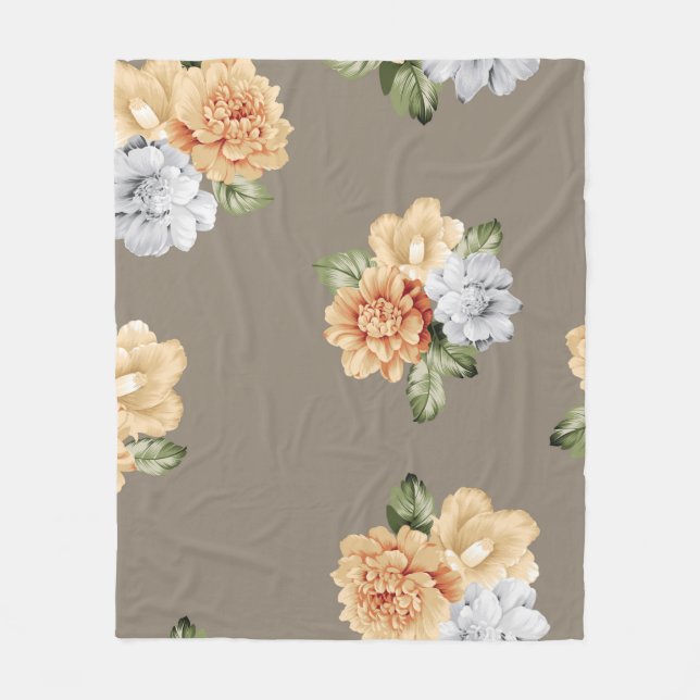 Blume in Grau und Creme mit Blätter Fleecedecke (Vorderseite)