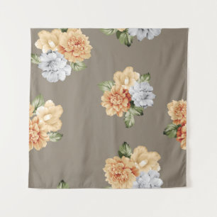 Blume in Grau und Creme mit Blätter Wandteppich