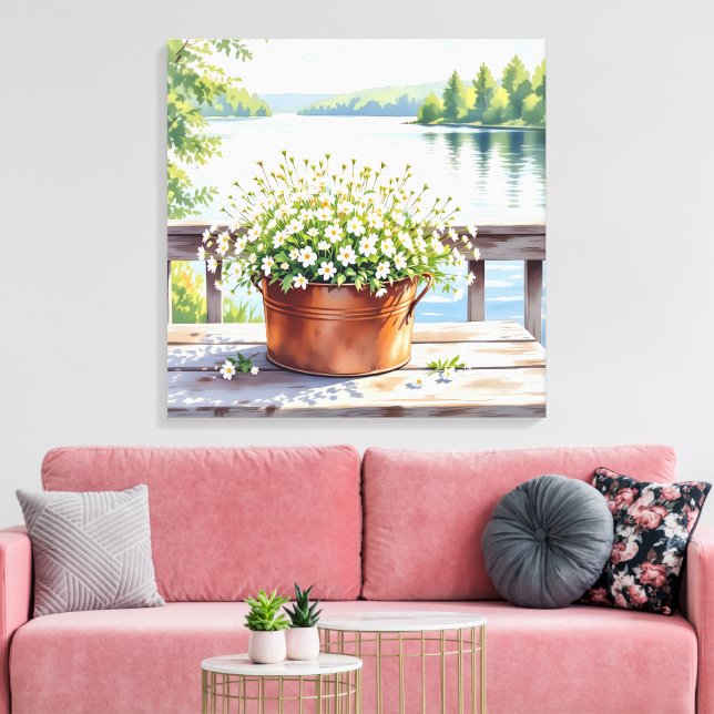 Blume in Kupfer-Topf am Lakehouse Deck Leinwanddruck (Insitu (Wohnzimmer))