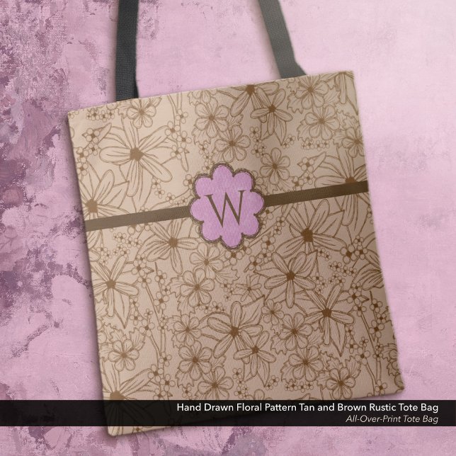 Blume in Ländern: Mit Monogramm Tan- und Rosa (Tote Bag: Rustic Hand Drawn Floral Pattern in Brown and Tan with a Distressed Soft Pink Monogram.)