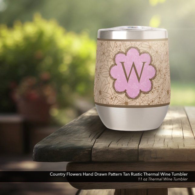 Blume in Ländern: Mit Monogramm Tan- und Rosa (Country Flowers Wine Tumbler with Hand Drawn Rustic Floral Pattern & Distressed Soft Pink Monogram)