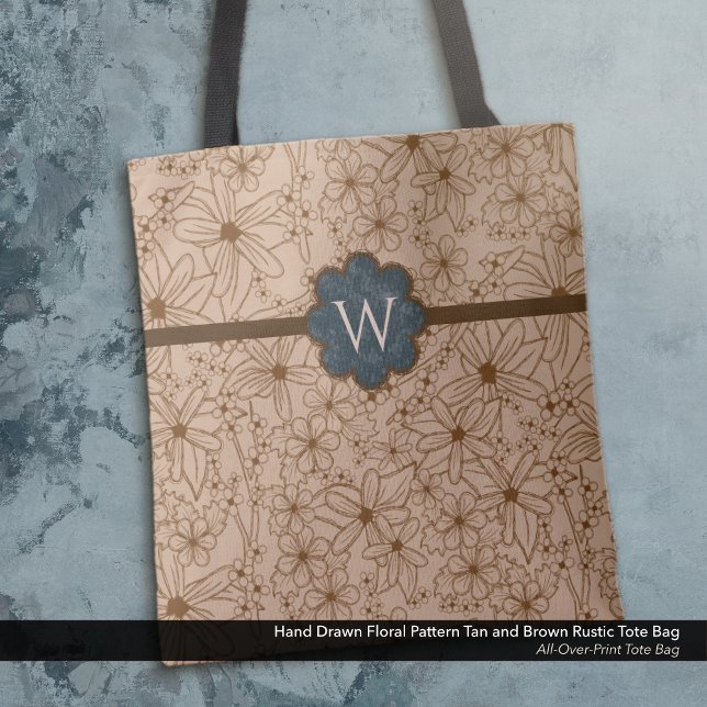 Blume in Ländern: Tan und Navy Mit Monogramm (Tote Bag: Rustic Hand Drawn Floral Pattern in Tan and Brown with Distressed Navy Blue Monogram.)