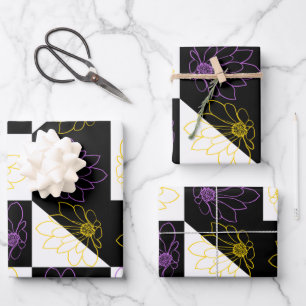 Blume in monochromen ästhetischen Schachbrettern Geschenkpapier Set