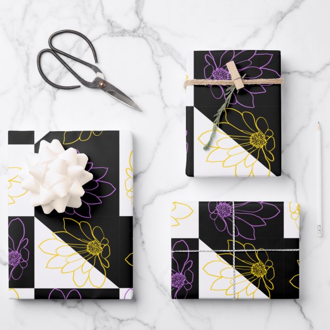 Blume in monochromen ästhetischen Schachbrettern Geschenkpapier Set (Vorderseite)