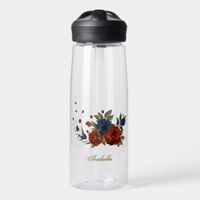 Blume in Orange und Marinebranche Trinkflasche (Vorne)
