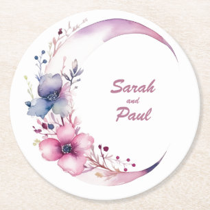 Blume in Rosa Mond: Personalisierter Hochzeitstag Runder Pappuntersetzer