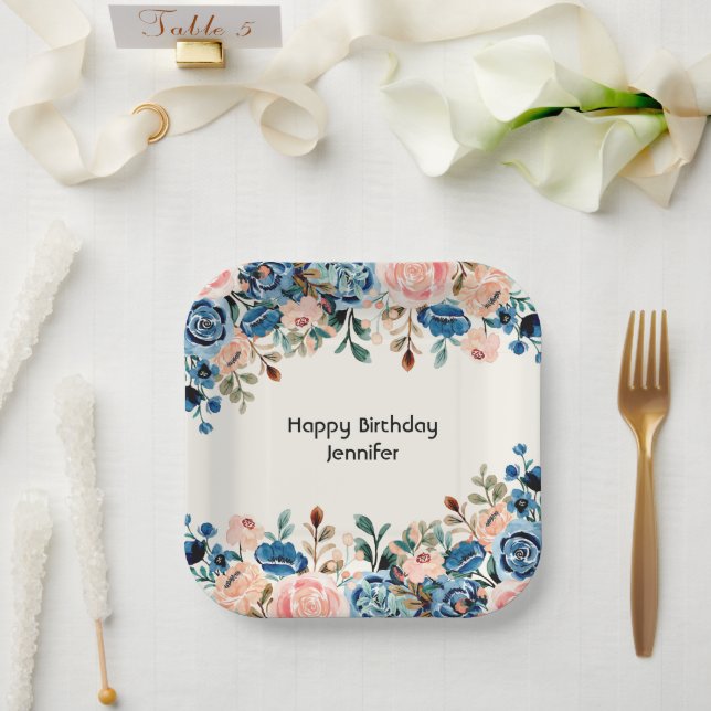 Blume in Rosa und Blau Pappteller (Hochzeit)