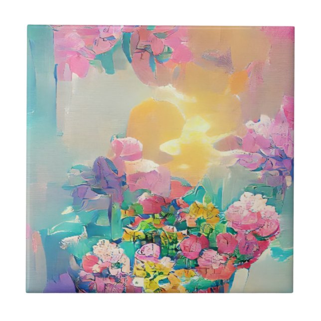 Blume in Rosa und Gelb Fliese (Vorderseite)