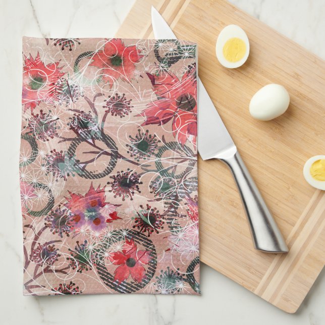 Blume in Rot auf Beige. Geschirrtuch (Viertel Falte)