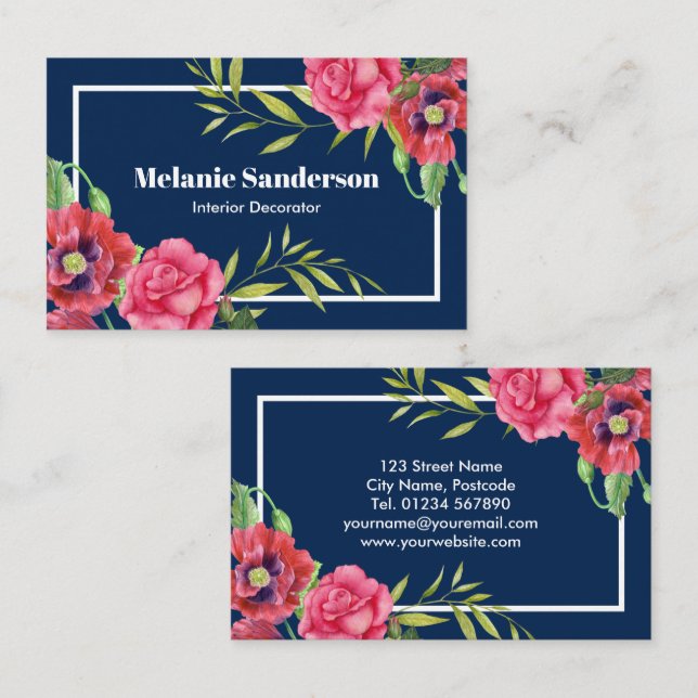Blume in Rot und Rosa auf Dunkelblau Visitenkarte (Vorne/Hinten)