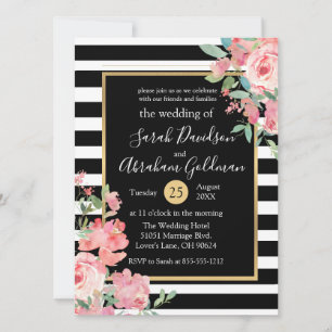 Blume in Schwarz-Weiß-Streifen Rose Hochzeit Einladung