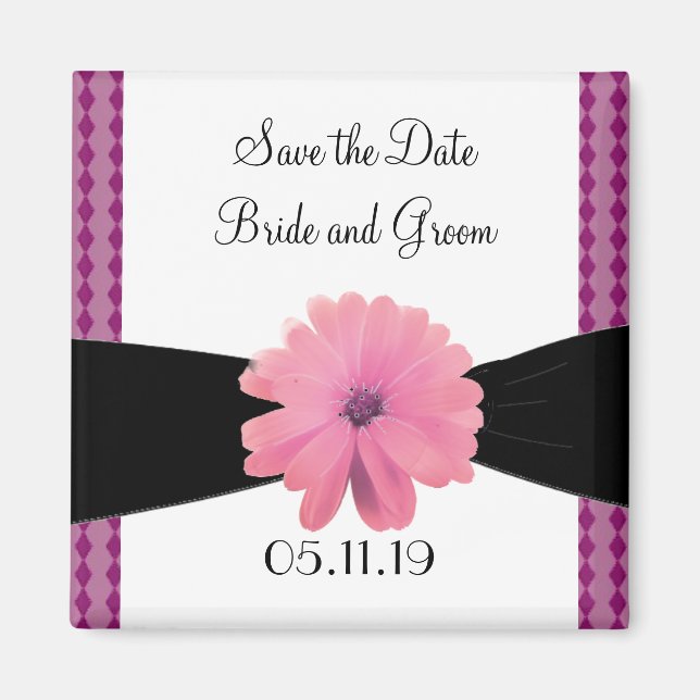 Blume in schwarzem Ribbon, rosa Save the Date Magnet (Vorne)