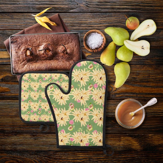 Blume inspiriert Birnen grün Ofenhandschuh & Topflappen-Set (Von Creator hochgeladen)