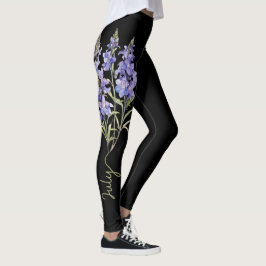 Blume Juli, Lila Larkspur auf Schwarz Leggings