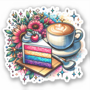 Blume, Kaffee und Regenbogenkuchen Aufkleber