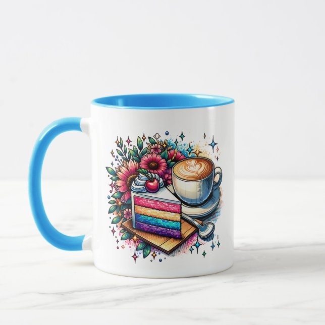 Blume, Kaffee und Regenbogenkuchen Personalisiert Tasse (Links)