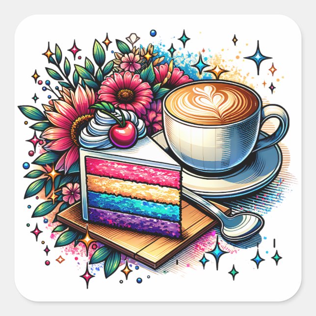 Blume, Kaffee und Regenbogenkuchen Quadratischer Aufkleber (Vorderseite)