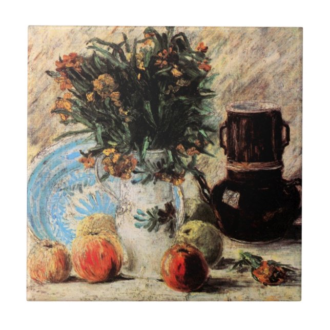 Blume, Kaffeeepot und Obst von Vincent van Gogh Fliese (Vorderseite)