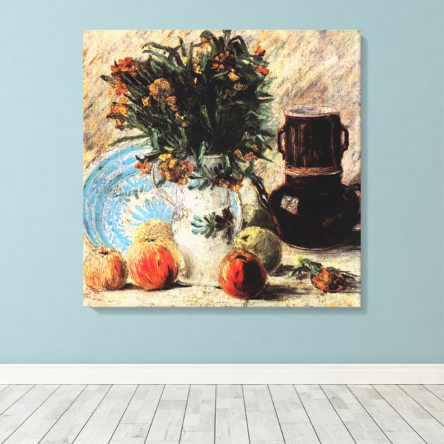 Blume, Kaffeeepot und Obst von Vincent van Gogh Leinwanddruck (Insitu (Holzboden))