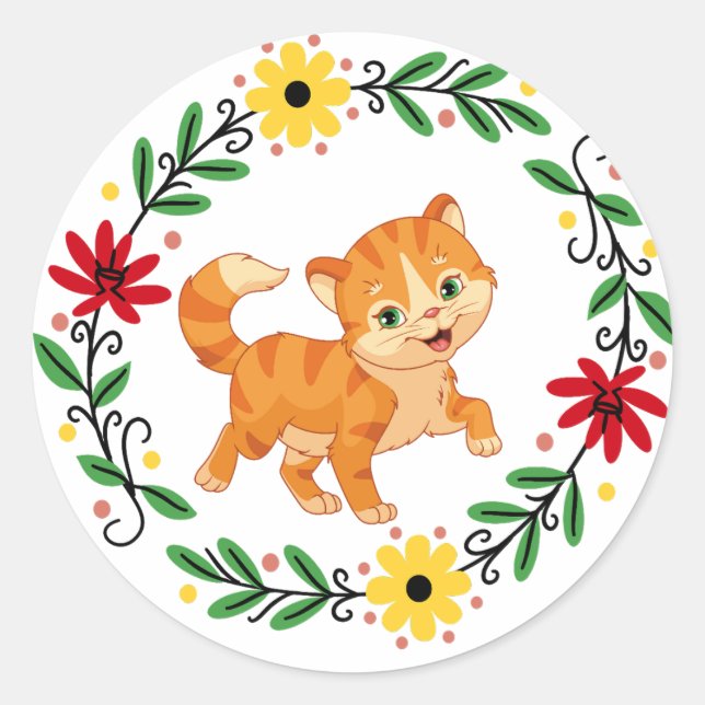 Blume Katzenaufkleber Runder Aufkleber (Vorderseite)