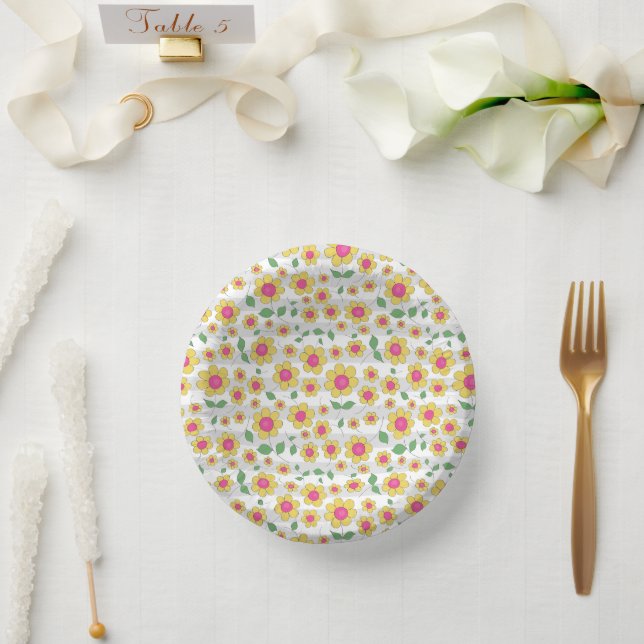 Blume Kinder rosa Gelbdoodle Happy Spring Days Pappteller (Hochzeit)
