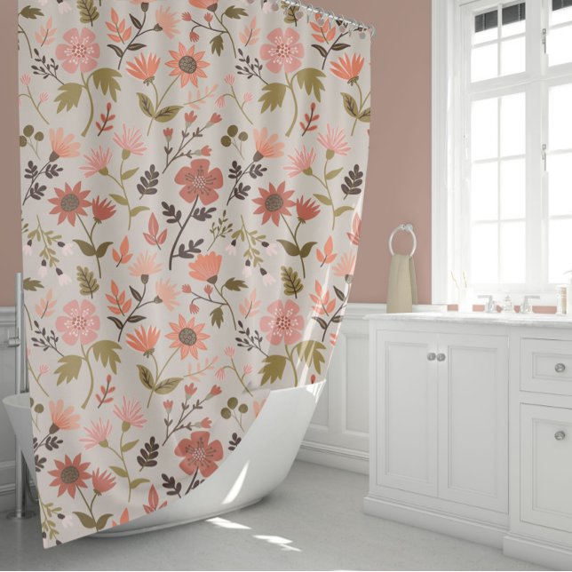 Blume Leaf Pink Blumenmuster Duschvorhang (Flower Leaf Girly Pink Floral Pattern Shower Curtain from Studio Posies.)