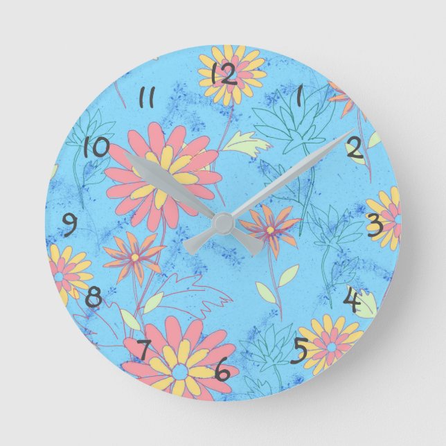 Blume Light Blue Wall Clock Runde Wanduhr (Vorderseite)