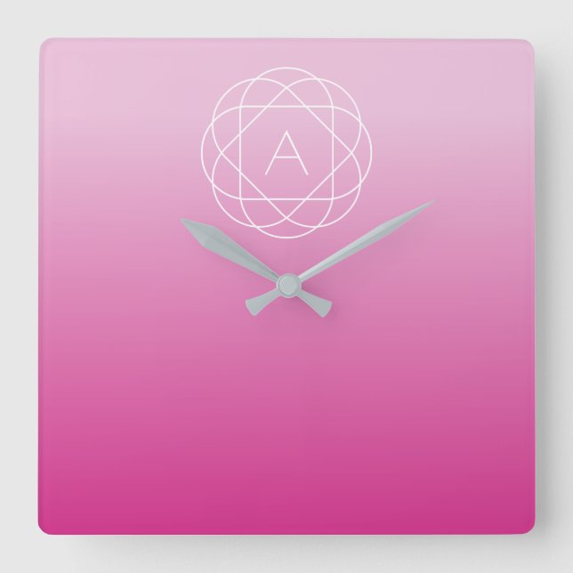 Blume-like Geometric Monogram | Pink Shaded Ombre Quadratische Wanduhr (Vorderseite)