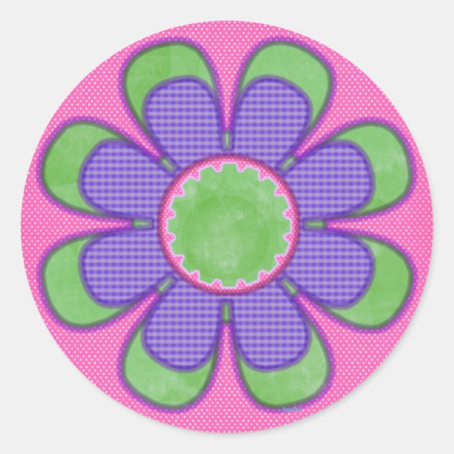 Blume lila Karo Runder Aufkleber (Vorderseite)