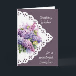 Blume Lilac Bouquet Daughter Geburtstagskarte Karte<br><div class="desc">Vintage Lilac Blume Bouquet für Ihre Tochter Geburtstag im Vers beinhaltet Mai Sie mit Gottes Liebe und Freude an Ihrem besonderen Tag und jeden Tag duscht werden</div>