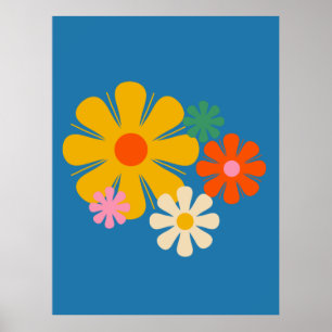 Blume Locus Reto 60er 70er Floral auf Blue Poster