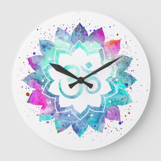 *~* Blume Lotus OM OM Symbol Wasserfarbe Mandala Große Wanduhr (Vorderseite)