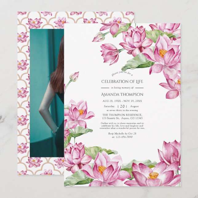 Blume Lotus Watercolor Indische Feier des Lebens Einladung (Vorne/Hinten)