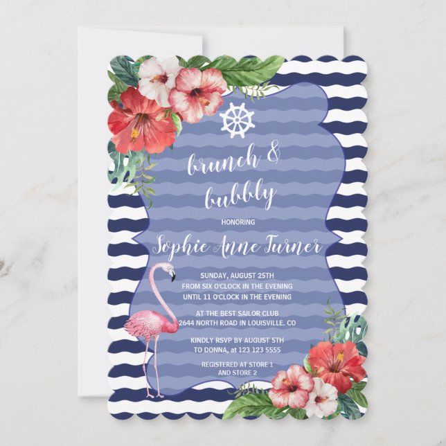 Blume Luau Flamingo Navy Stripes Brunch & Bubbly Einladung (Vorderseite)