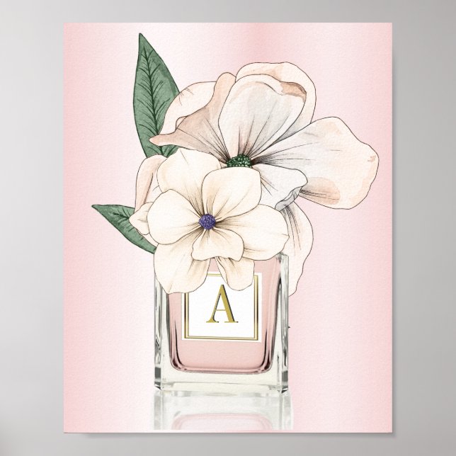 Blume Magnolia Pink Parfüm Flasche Monogramm Poster (Vorne)