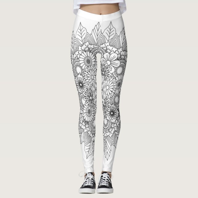 Blume Mandala Black und White Leggings (Vorderseite)