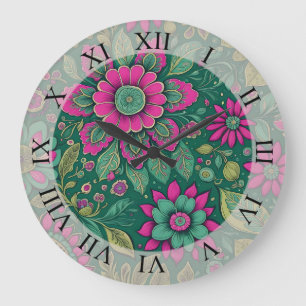 Blume Mandala Blüten rosa grün Große Wanduhr
