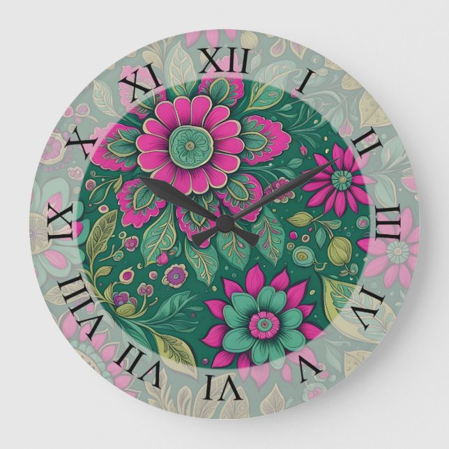 Blume Mandala Blüten rosa grün Große Wanduhr (Vorderseite)