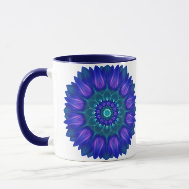 Blume Mandala mit leuchtenden Blautönen Tasse (Links)