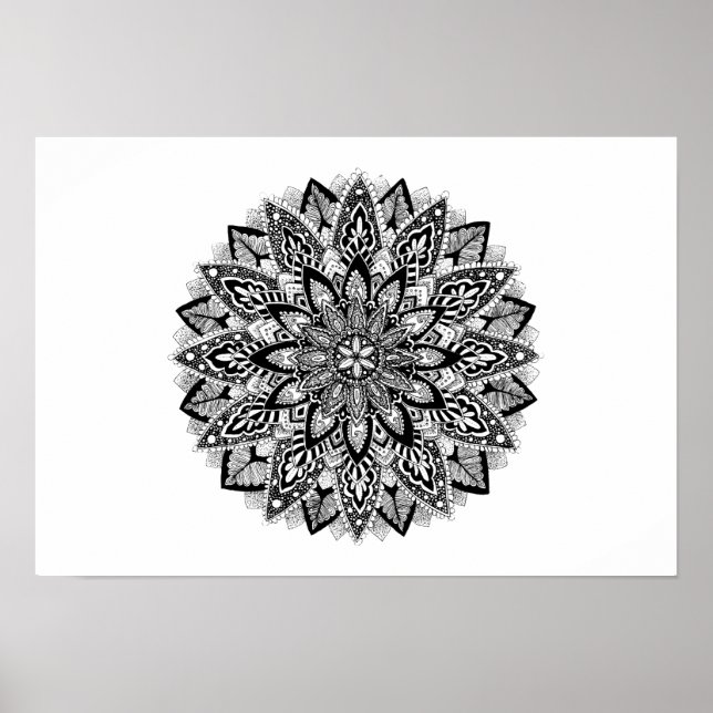 Blume Mandala Schwarzweiß Poster (Vorne)