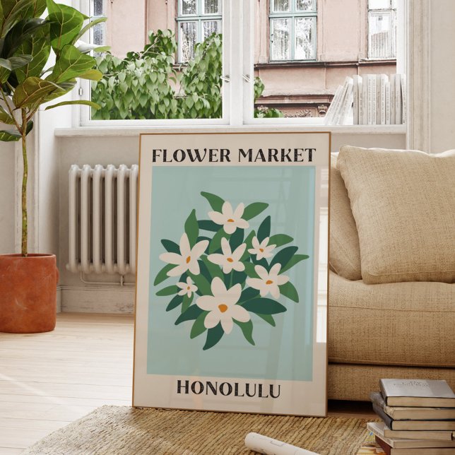Blume Market Honolulu White Jasmine Floral Poster (In situ Living room)