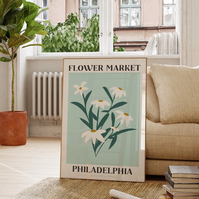 Blume Market Philadelphia White Daisy Floral Poster (In situ Living room)