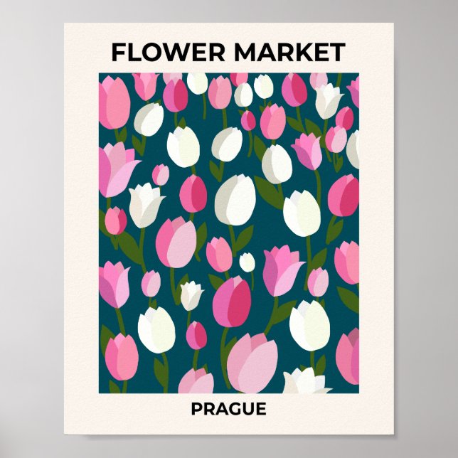 Blume Markt Prag Tulips Navy Blau und Rosa Poster (Vorne)
