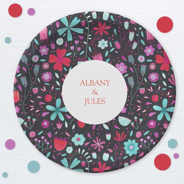 Blume Meadow Watercolor Dunkel Pappteller (Dark boko floral personalized wedding celebration paper plate)