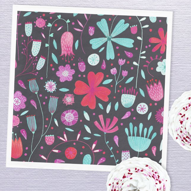 Blume Meadow Watercolor Dunkel Serviette (Modern dark floral watercolor paper napkins)